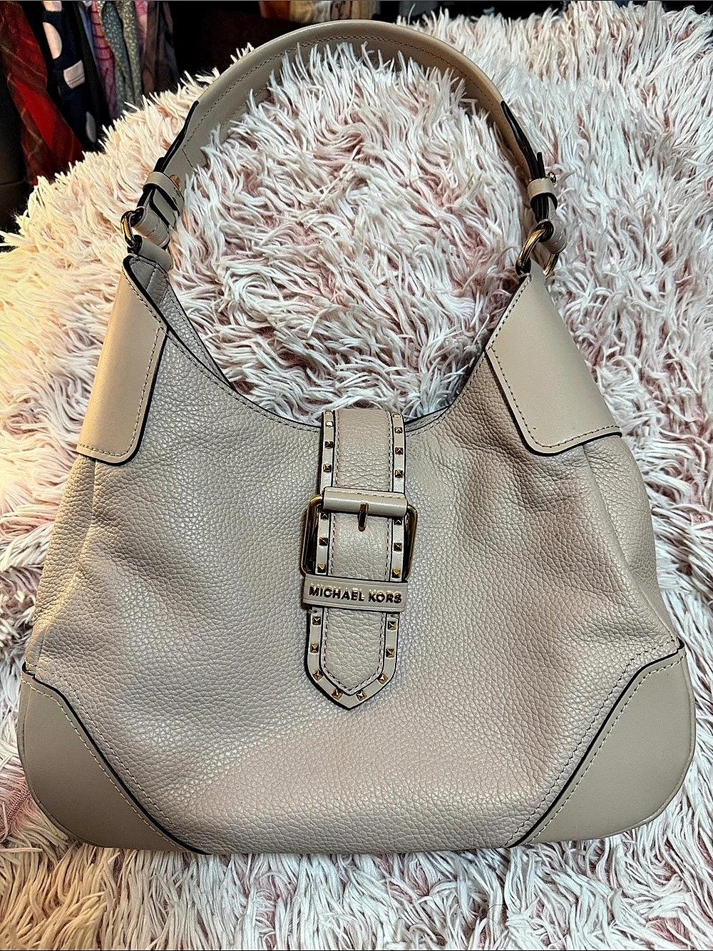 Michael Kors Lillian Small Pebbled Leather Shoulder Bag Hobo Bag, Beige